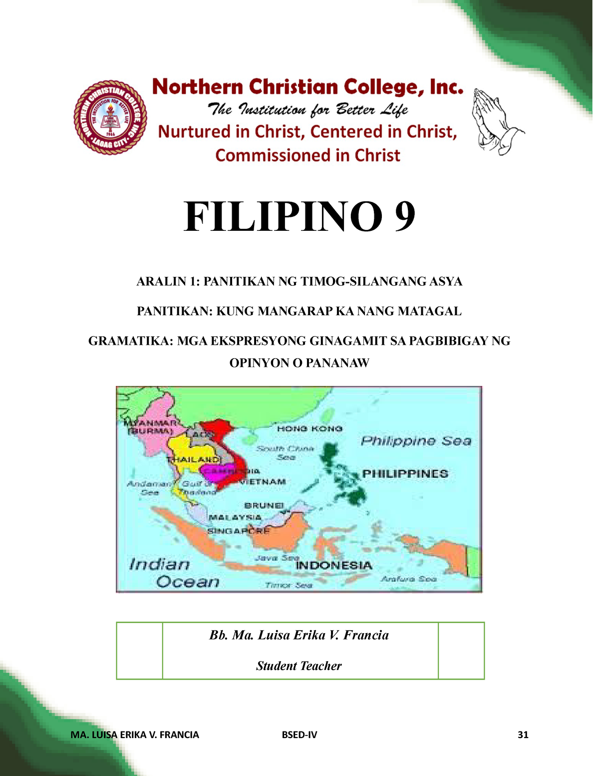 Panitikan sa Filipino 9 (Timog-Silangang Asya) - FILIPINO 9 ARALIN 1
