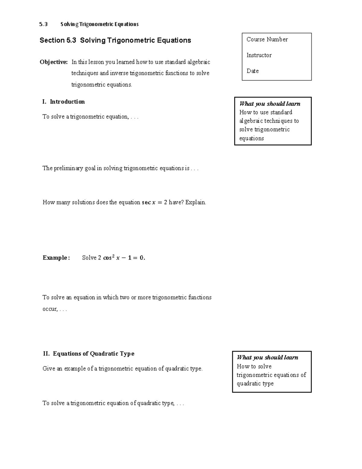 Notes Solving Trigonometric Equations - MATH 1710 - Tenn State - Studocu