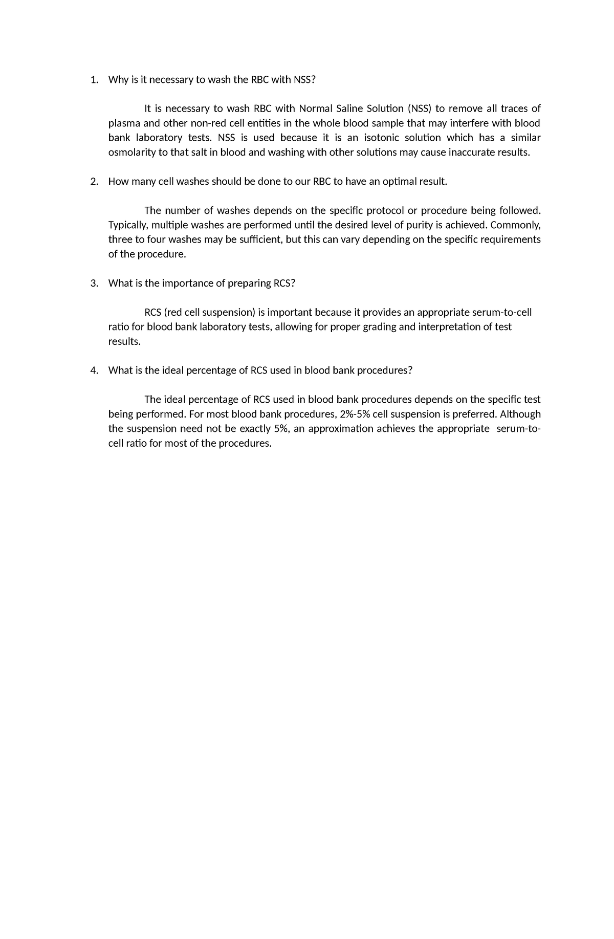 ISBB Assignment - notes - Why is it necessary to wash the RBC with NSS ...