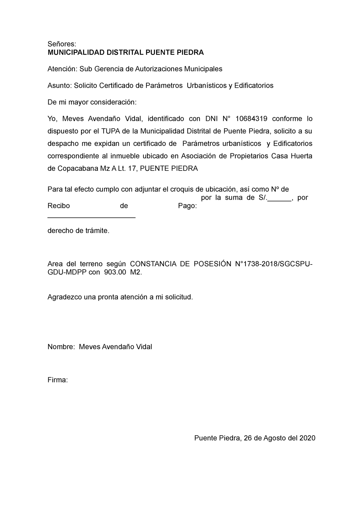 B.- Solicitud De Certifiacado Parametros - Señores: MUNICIPALIDAD ...