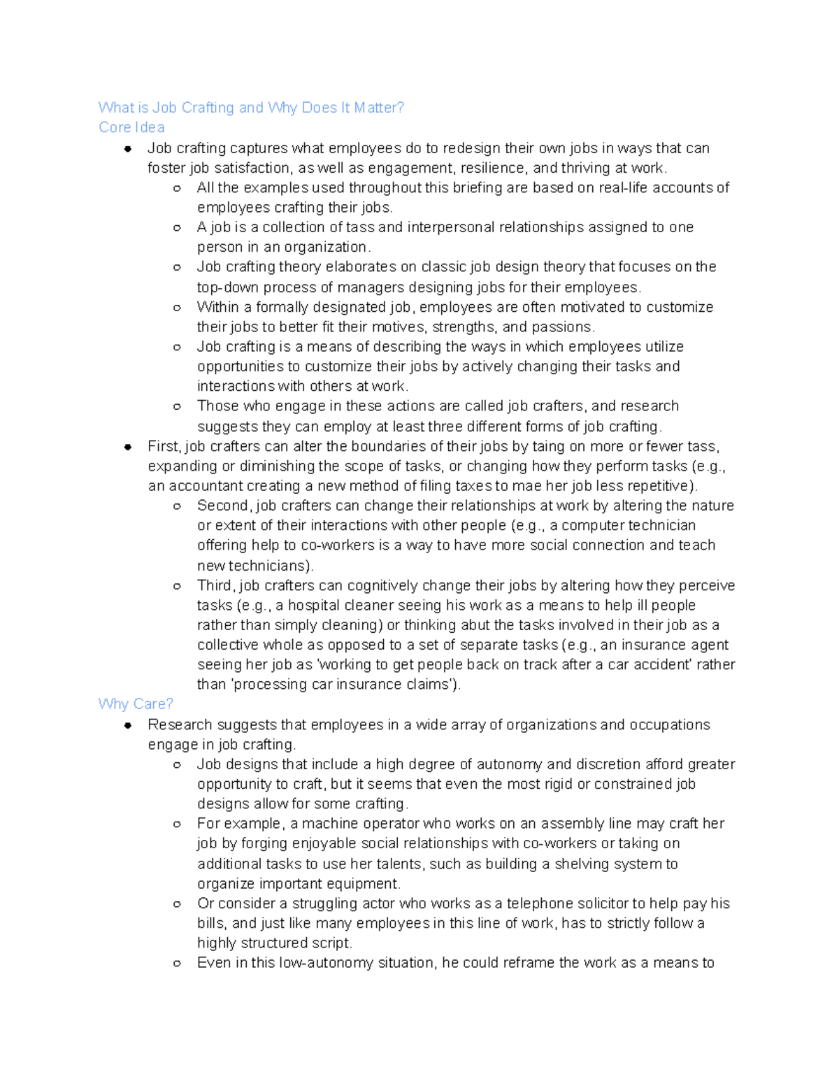Module 6 Learning Materials Notes - What is Job Crafting and Why Does