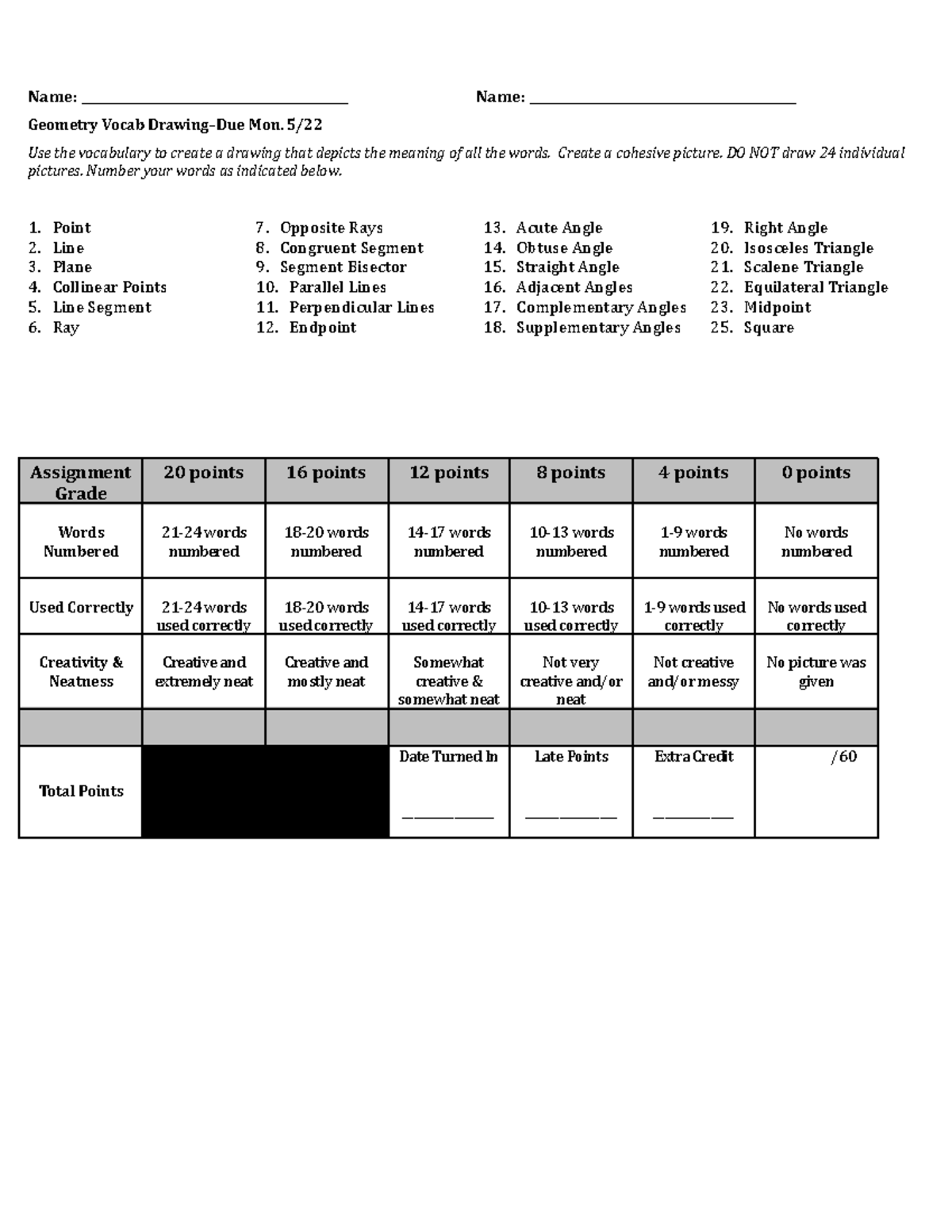 Intro to Geometry Vocabulary Drawing Project Rubric - Name: - Studocu