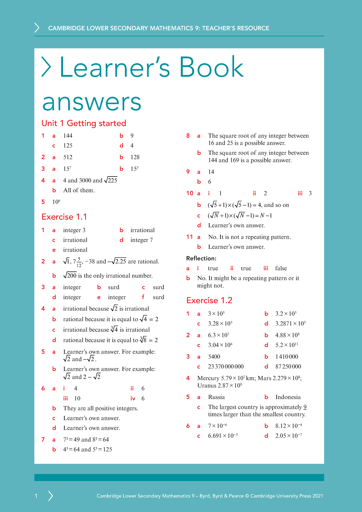 Ls Maths 9 2ed Tr Learner Book Answers Learner s Book Answers Unit 1 