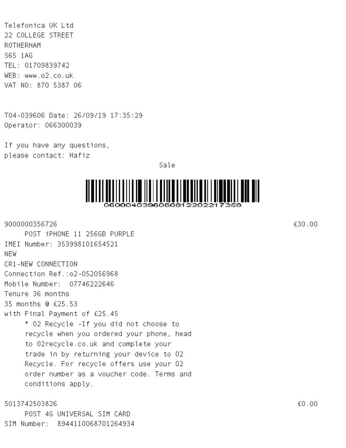 O2 uk unlocked iPhone invoice Telefonica UK Ltd 22 COLLEGE STREET