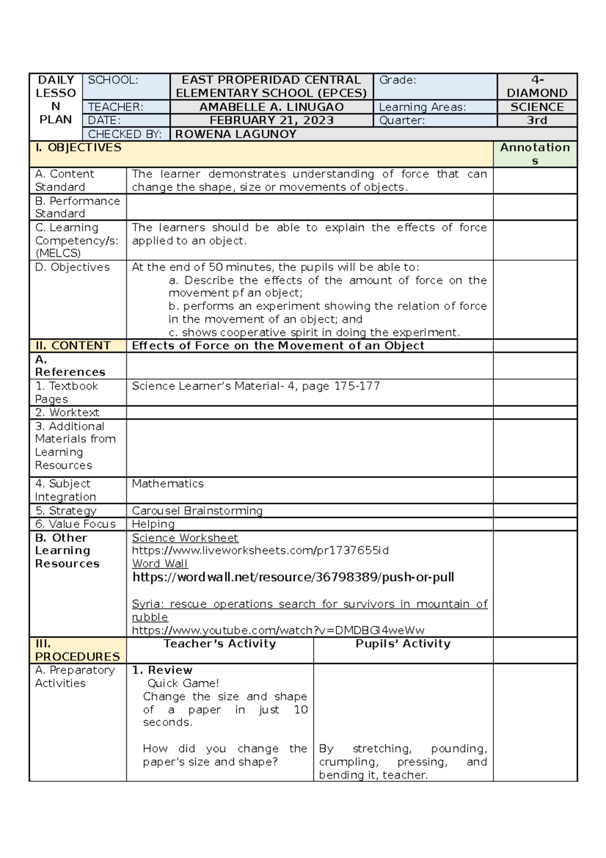 DLP-G4-Q3 Teaching- Effects OF Force IN Movement - DAILY LESSO N PLAN ...