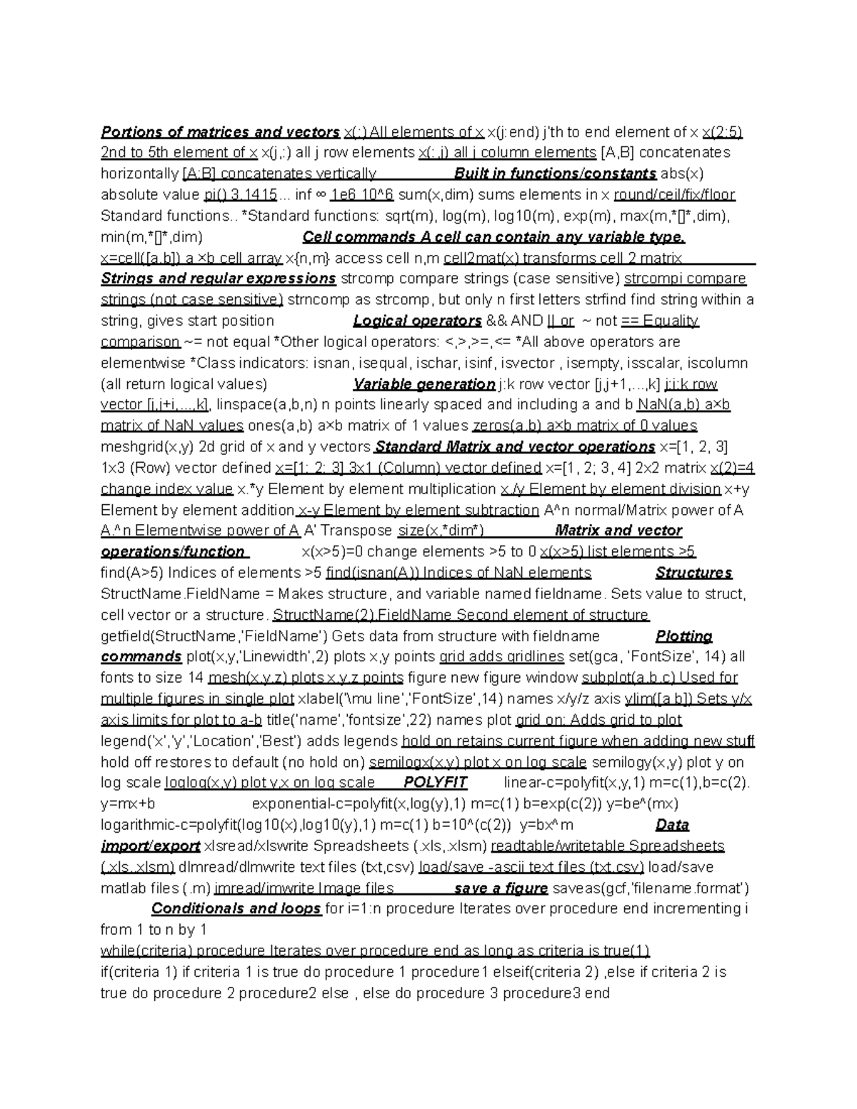 Matlab Reference Sheet Ver. 1 - Portions of matrices and vectors x ...