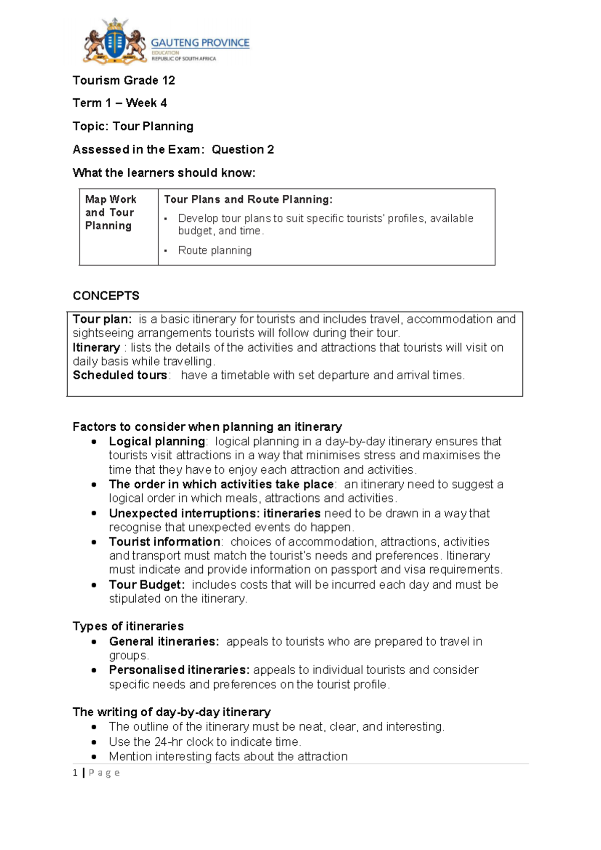 Tourism Grade 12 tour planning - Tourism Grade 12 Term 1 – Week 4 Topic ...