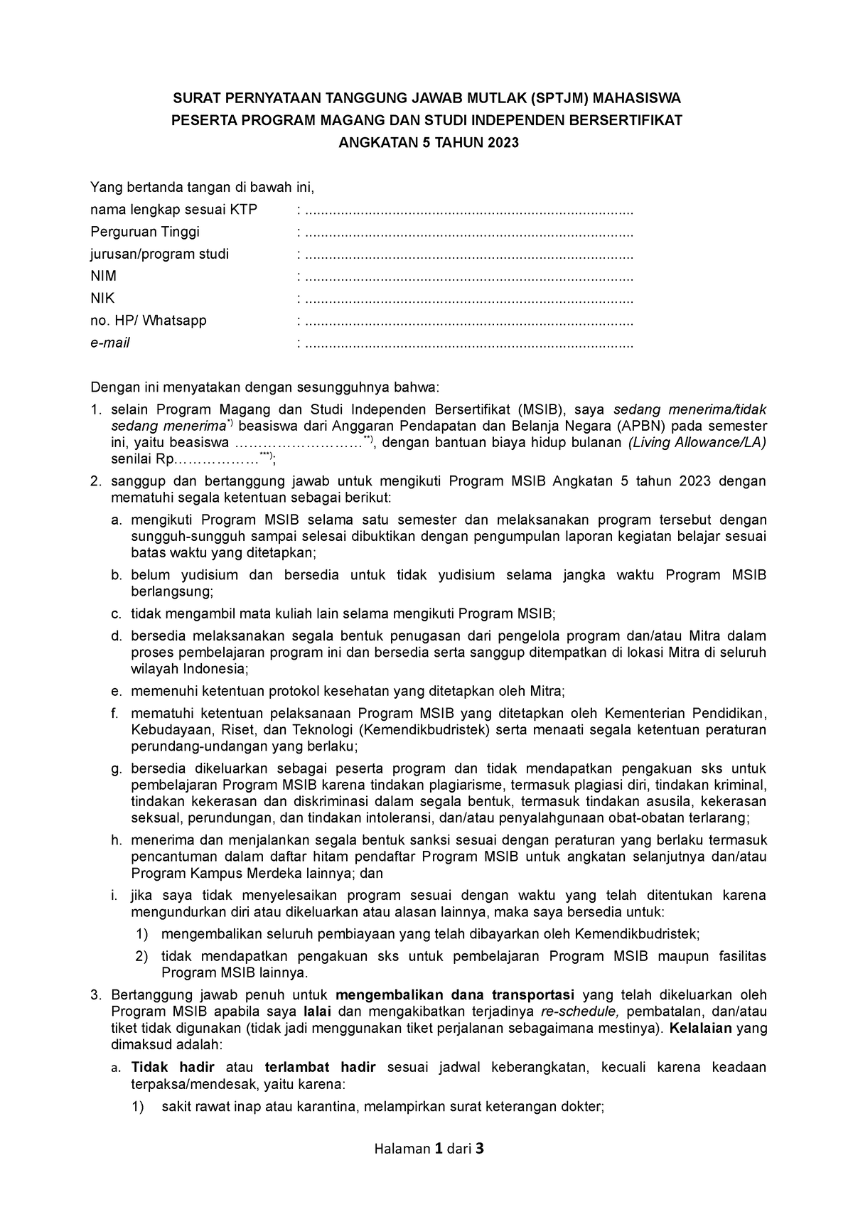 11 Format Sptjm Mahasiswa Msib Angkatan 5 1 Docx