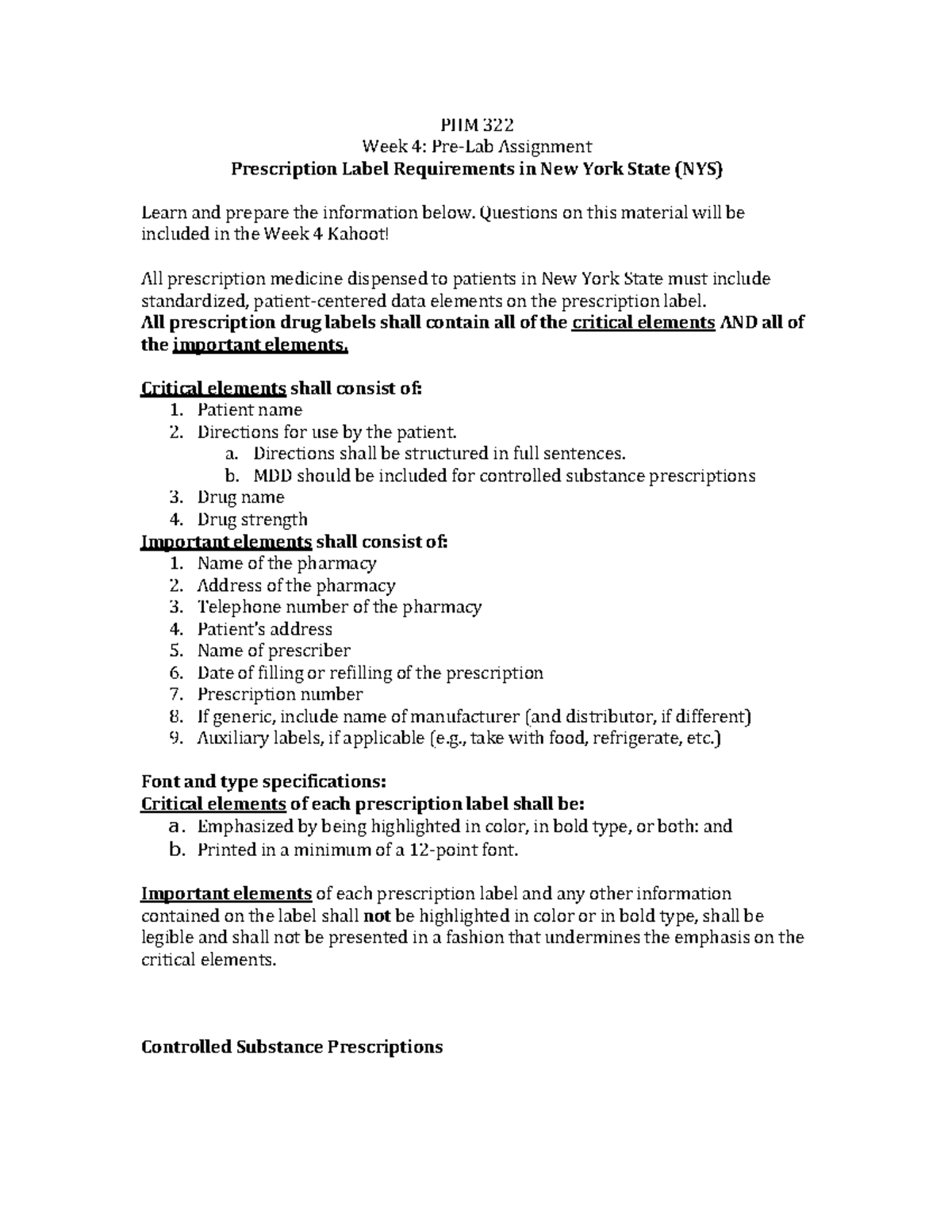Week 4 Prescription label requirements study guide 2022 PHM 322 Week