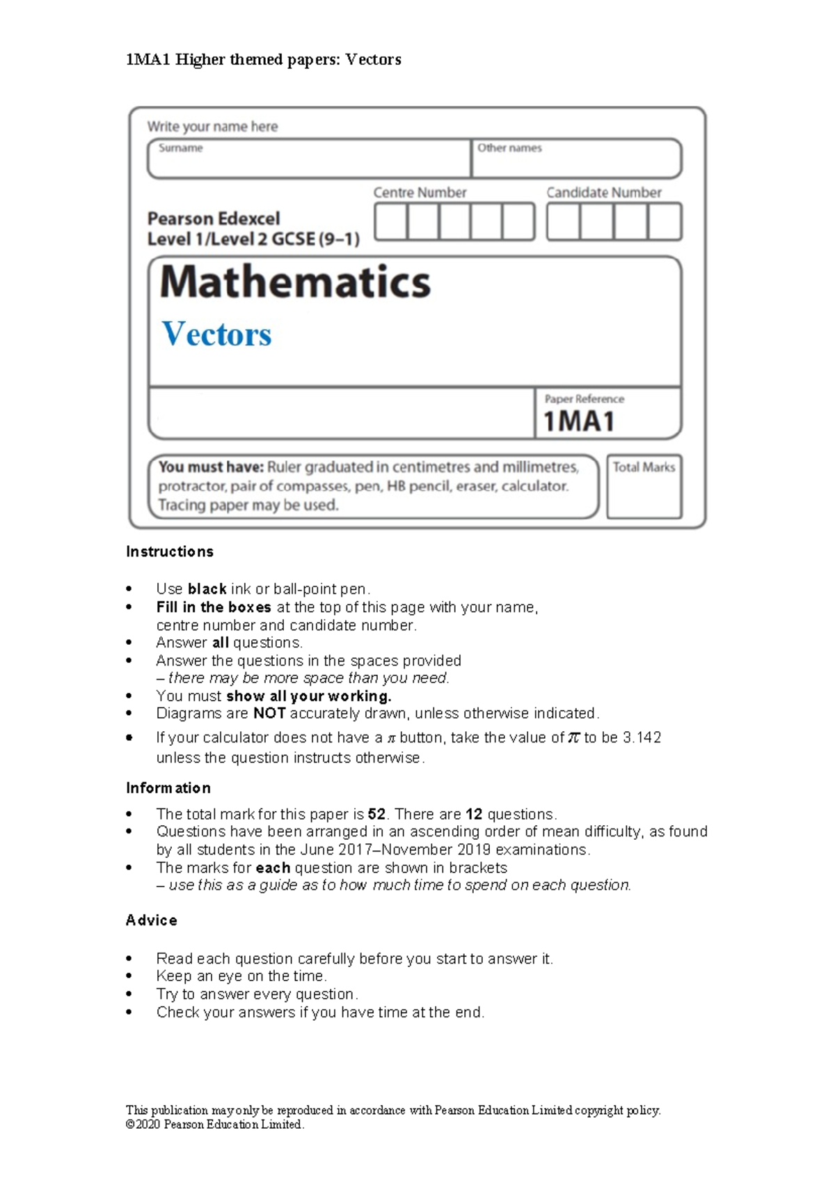 55a Vectors H Question Paper - Instructions Use black ink or ball-point ...