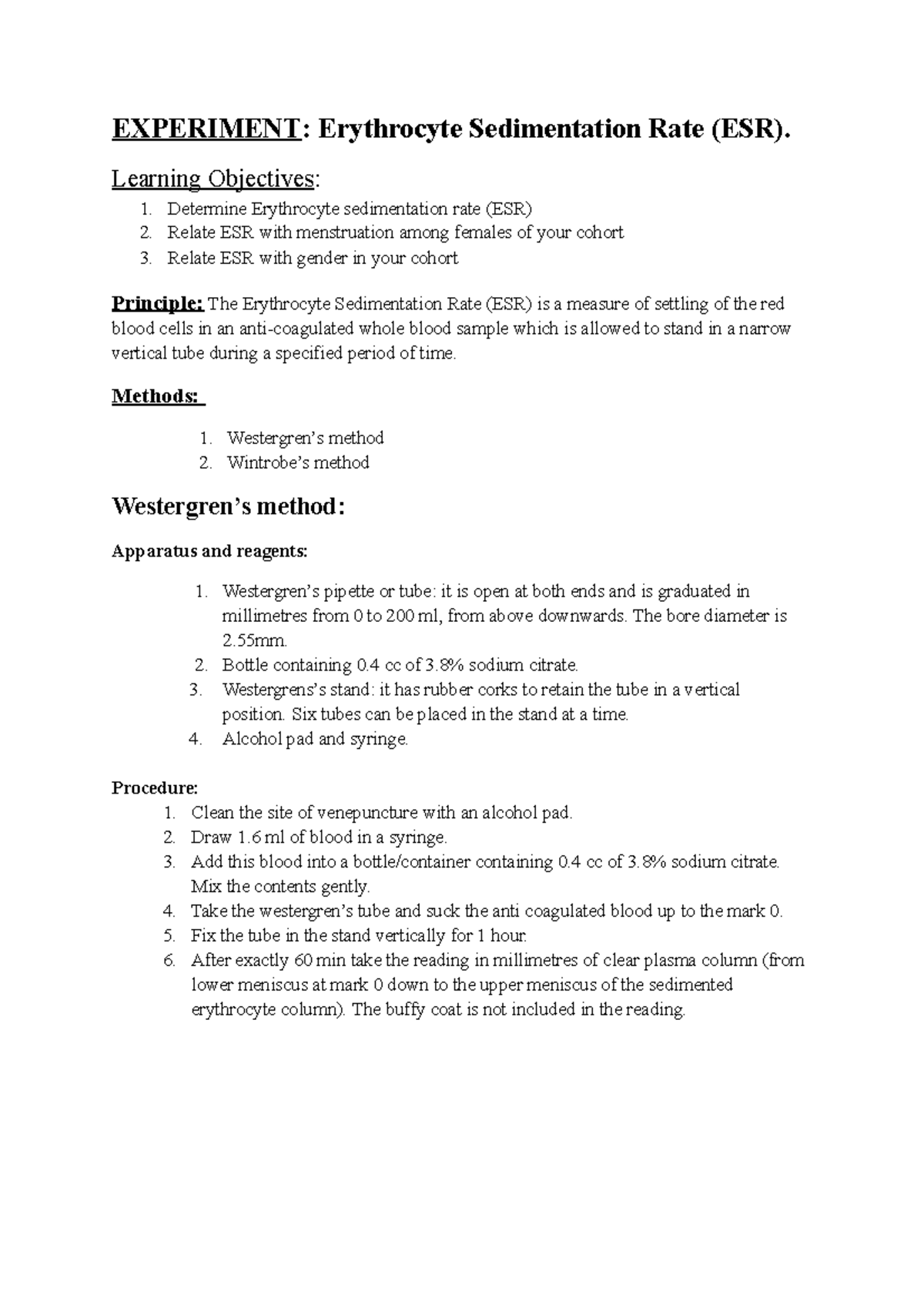 6 ESR - estimated sedimentation rate - EXPERIMENT: Erythrocyte ...