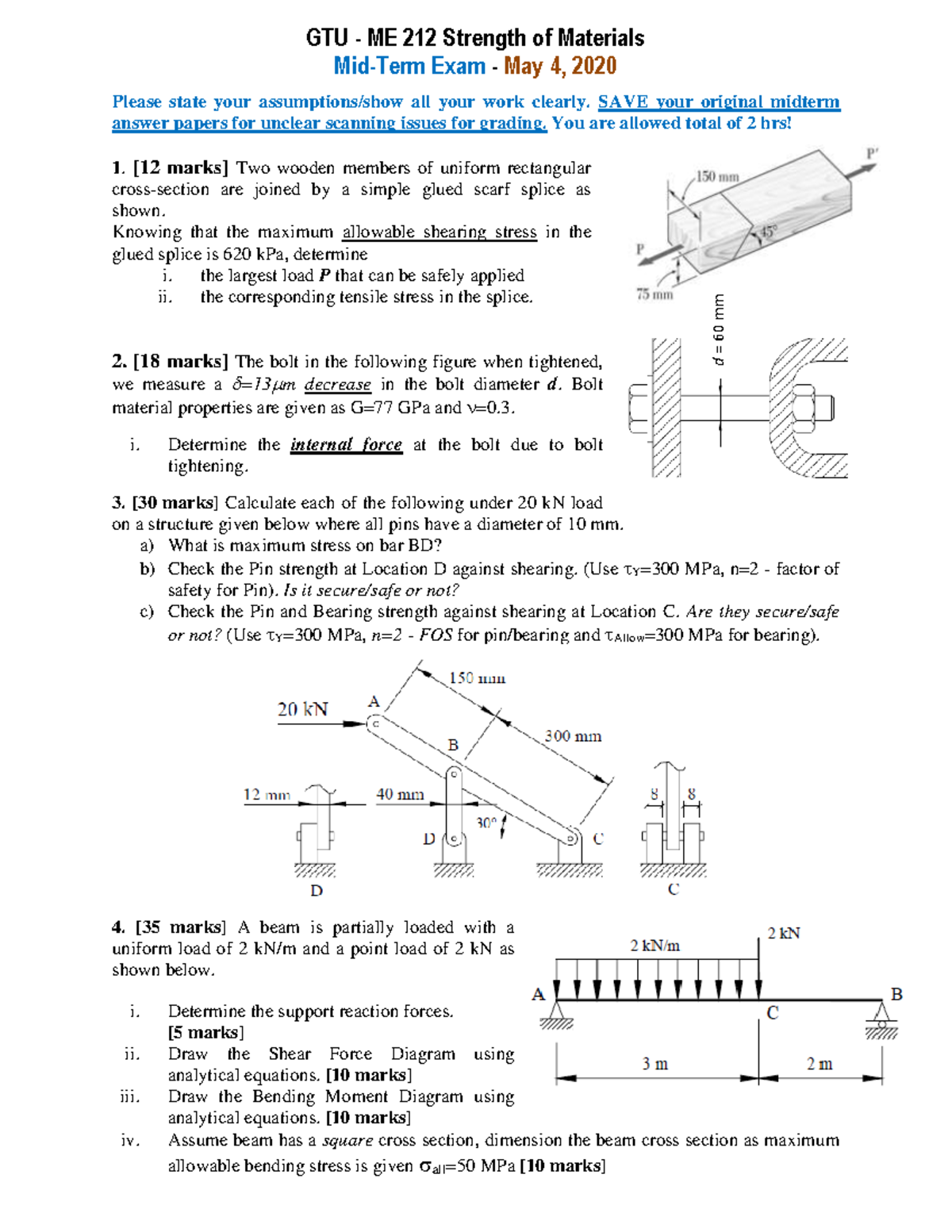 Midterm 2021 gergege GTU ME 212 Strength of Materials MidTerm