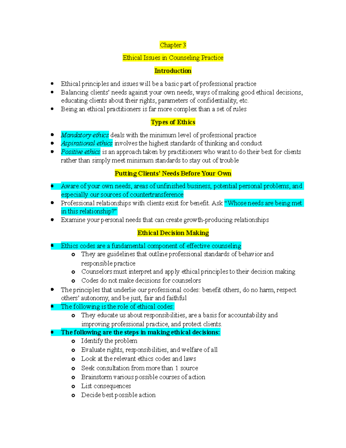 PSYC304-Chapter 3Notes - Chapter 3 Ethical Issues In Counseling ...