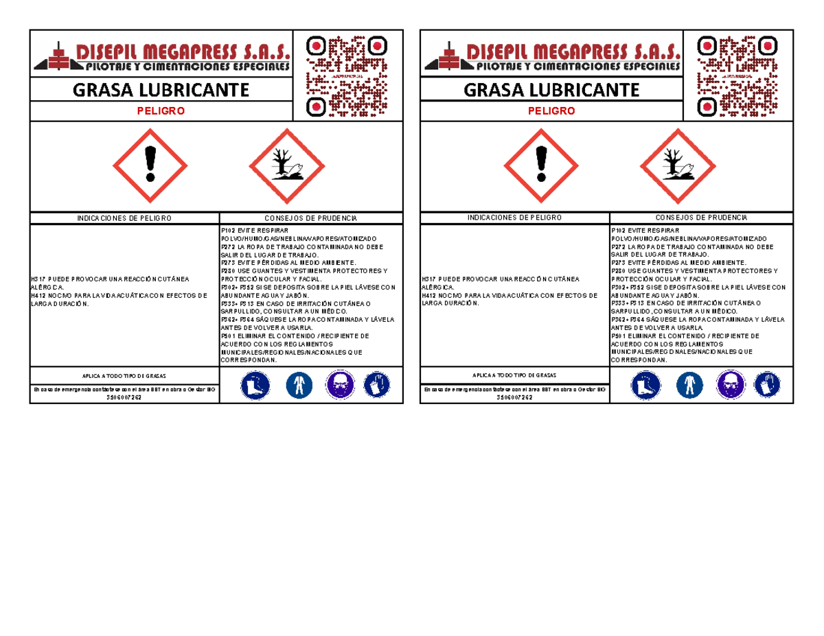 Etiqueta Grasa Lubricante - H317 PUEDE PROVOCAR UNA REACCIÓN CUTÁNEA ...