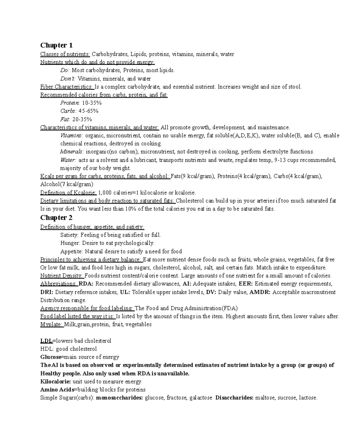 Exam 1 Review Nutrition - Chapter 1 Classes Of Nutrients: Carbohydrates ...