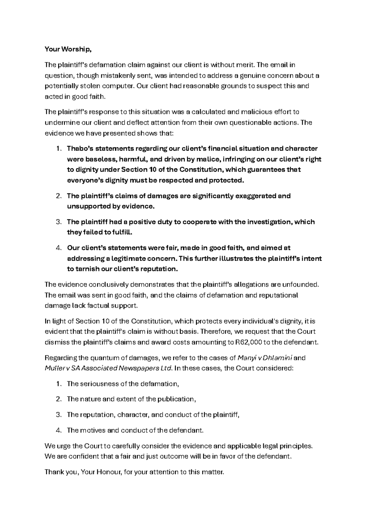 Closing statement - Law school - Your Worship, The plaintiff’s ...