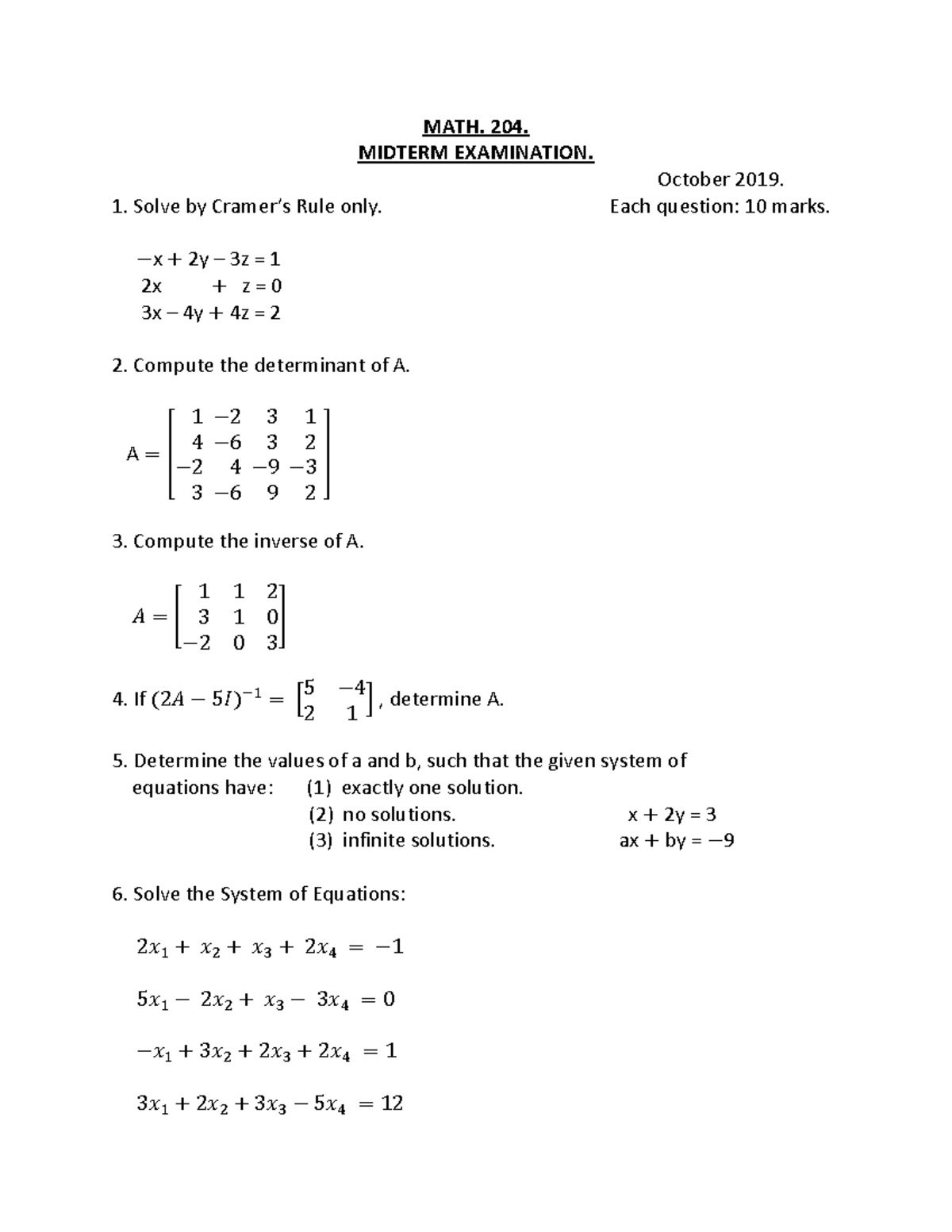 MIDTERM 13 October 2019, questions and answers - MATH. 204. MIDTERM ...