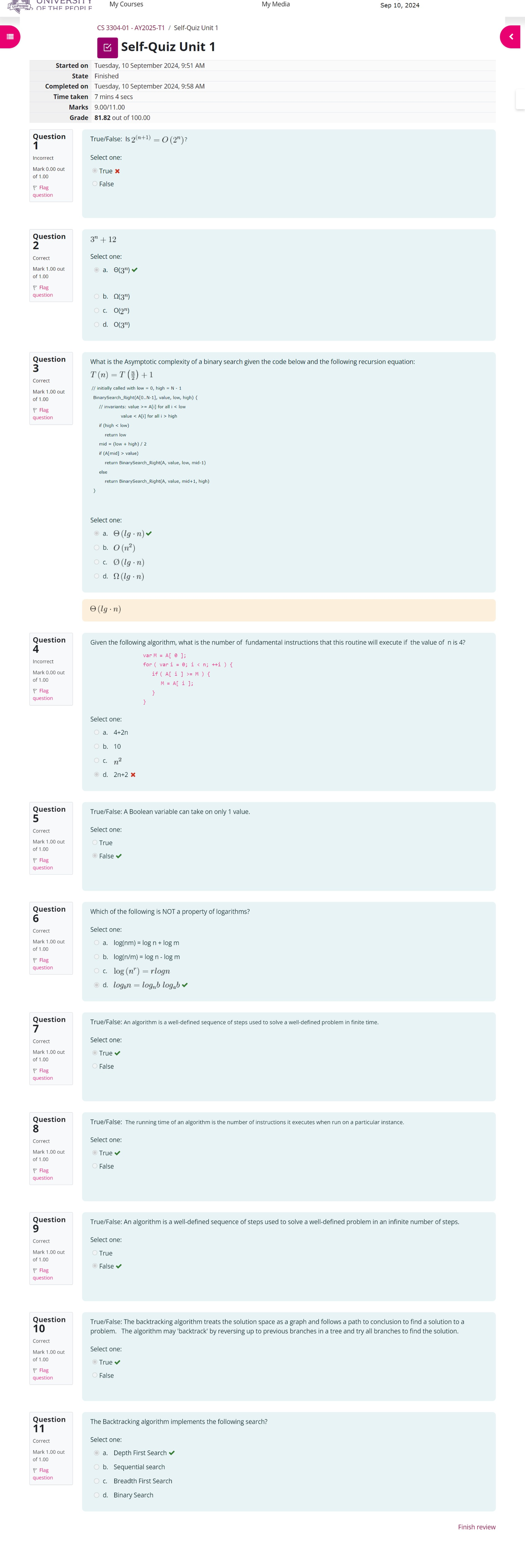 Self-Quiz Unit 1 Attempt review - Home - my - My Courses My Media OF ...