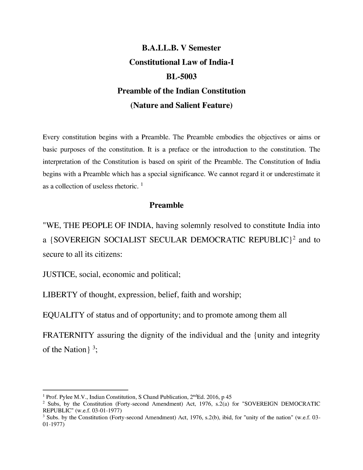 SHRI Ashish B.A.LL.B. V SEM Constitutional Law Of India I (Preamble The ...