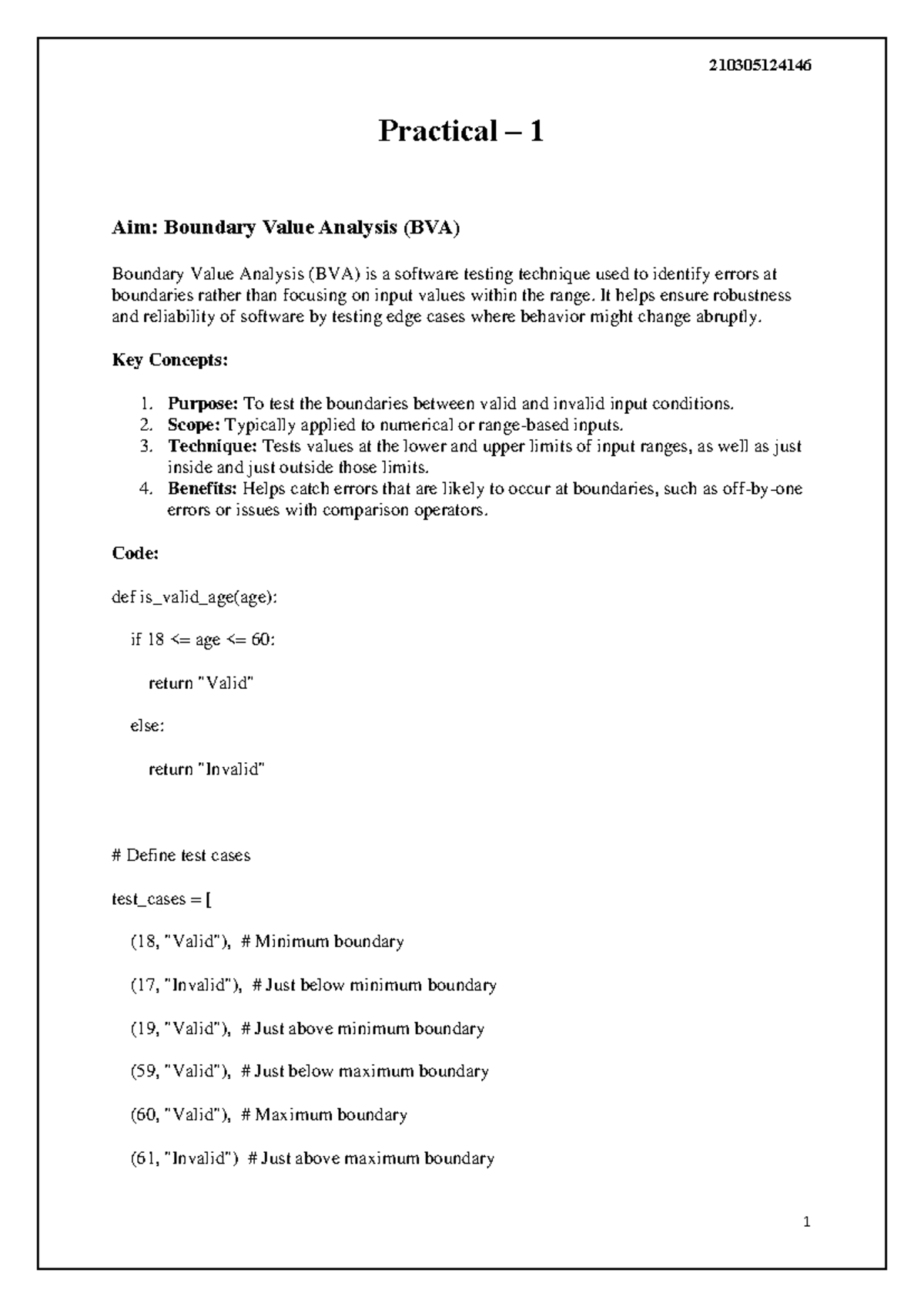 stqa1-5 - Practical – 1 Aim: Boundary Value Analysis (BVA) Boundary ...