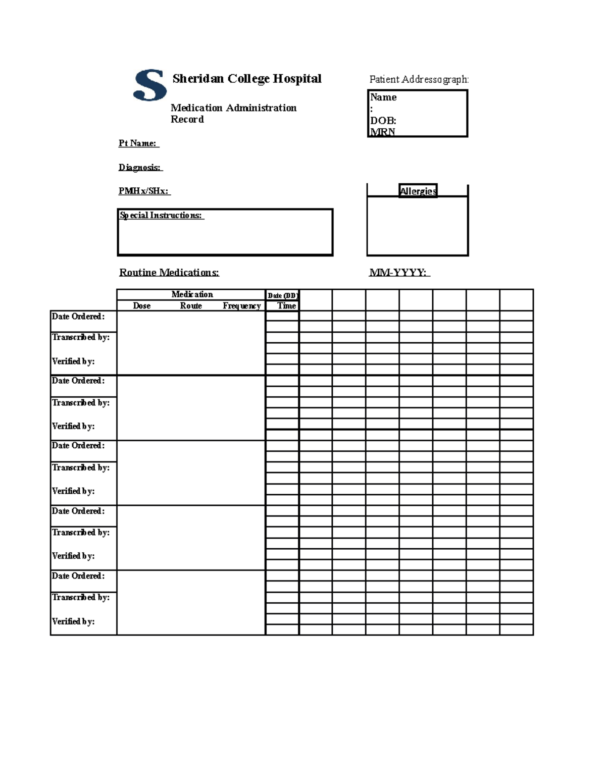MAR1colennhe BAR Allergies Sheridan College Hospital Medication