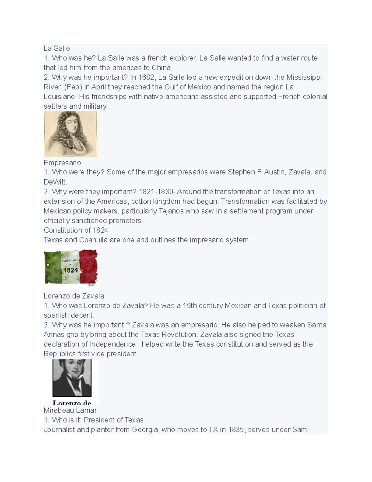 Texas history hist 4700 notes La Salle Who was he? La Salle was a french explorer. La Salle