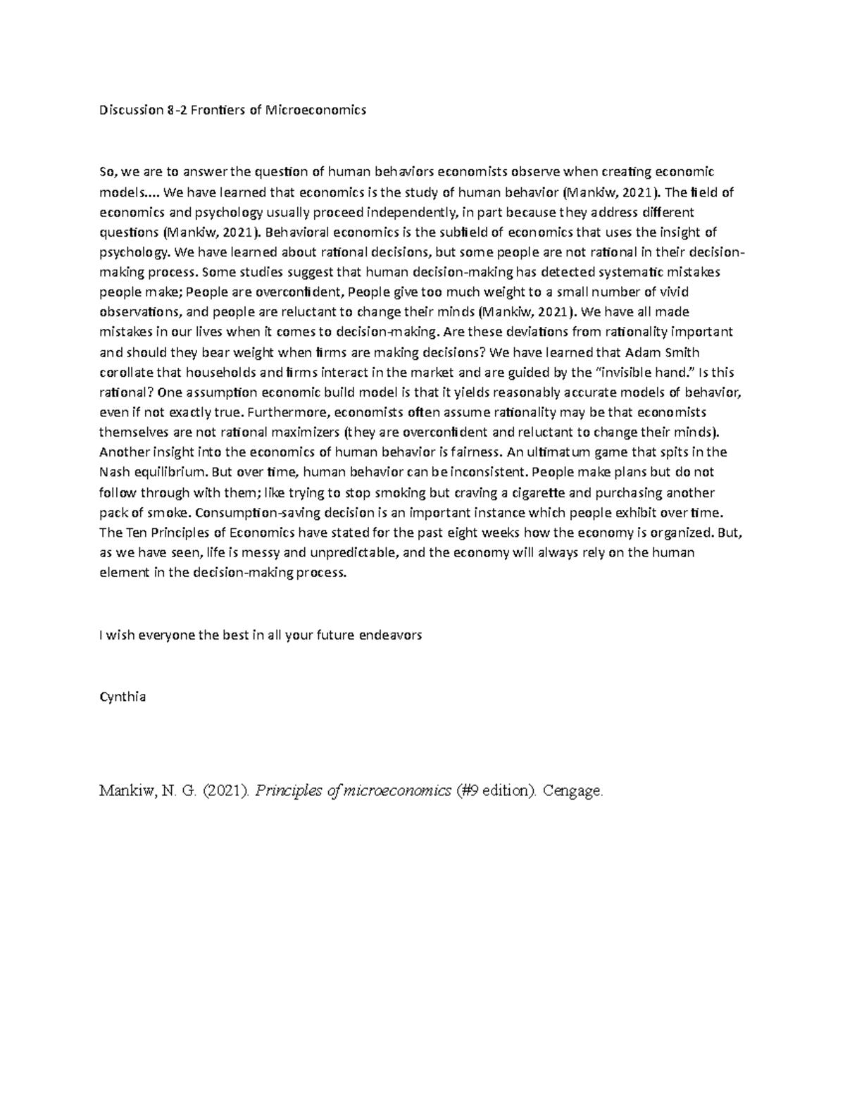 ECO 201 Mod 82 Discussion Frontiers of Microeconomics Discussion 82