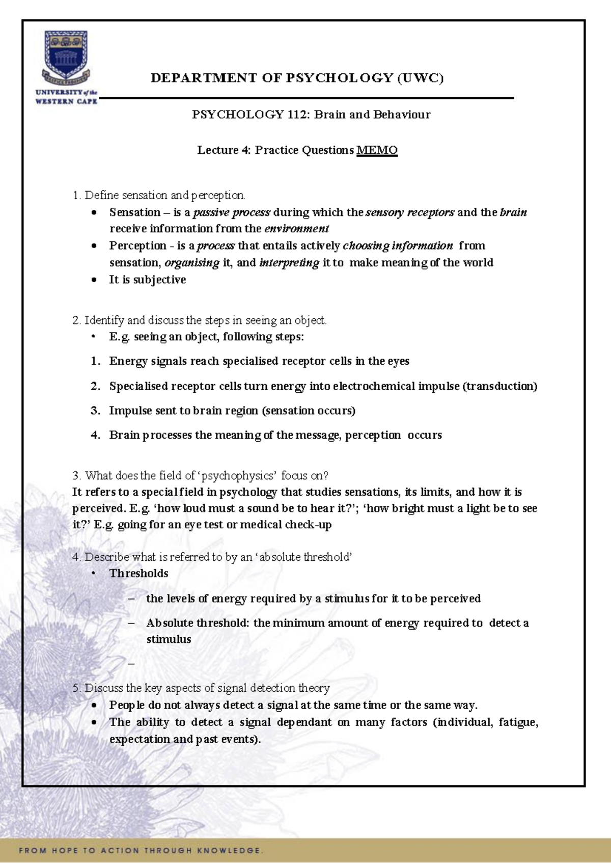 PSY112 Lecture 4 Practice questions Memo DEPARTMENT OF PSYCHOLOGY