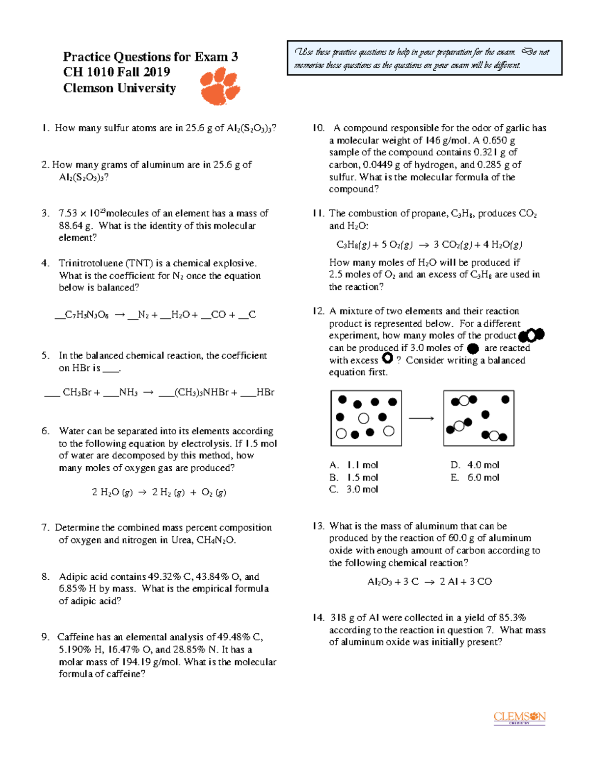 Practice Questions for Exam 3 CH 101 0 Fall 2019 ver 1 - Practice ...