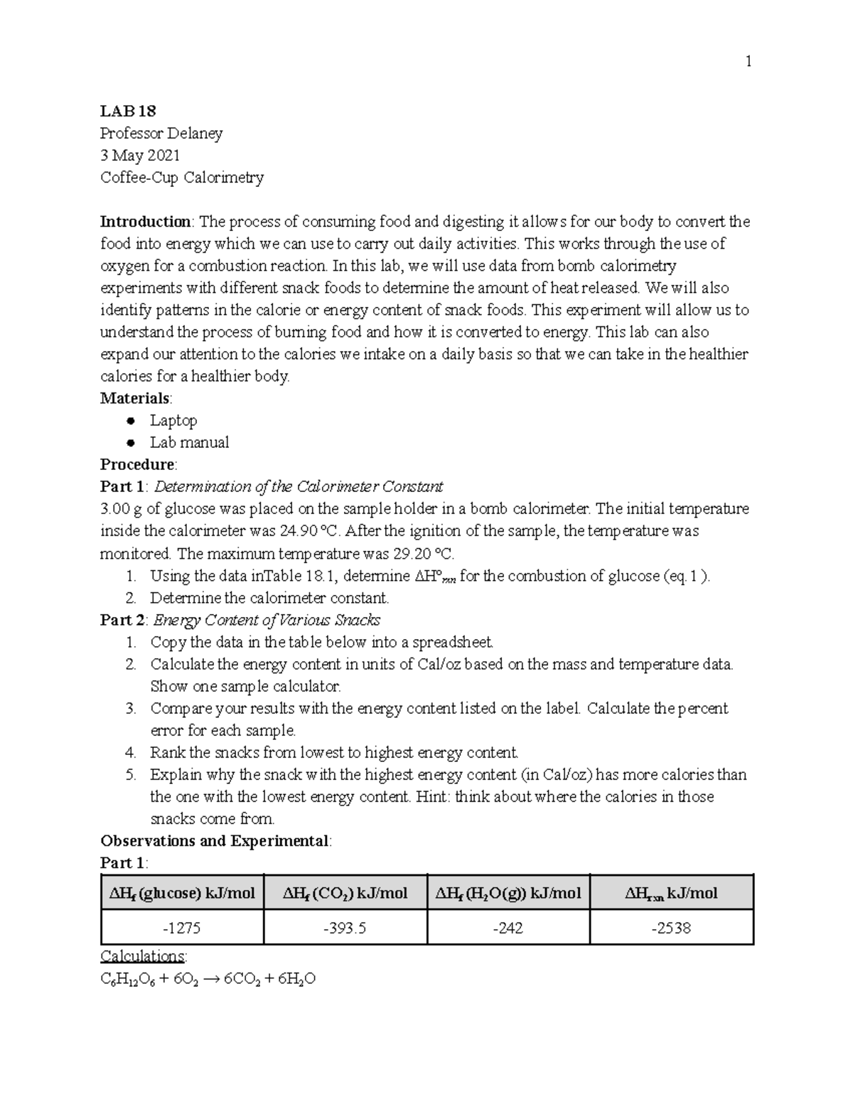CHEM 10606 LAB 18 Lab report LAB 18 Professor Delaney 3 May 2021
