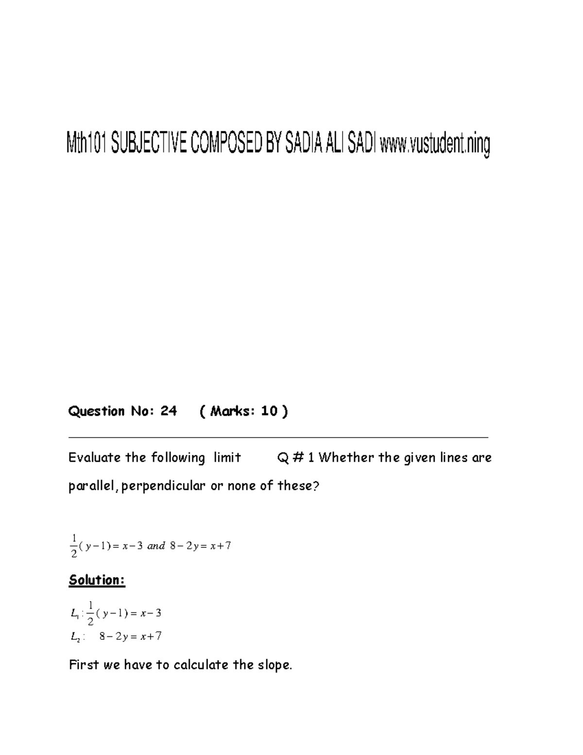 MTH101 Solved Subjective Questions - Question No: 24 ( Marks: 10 ...