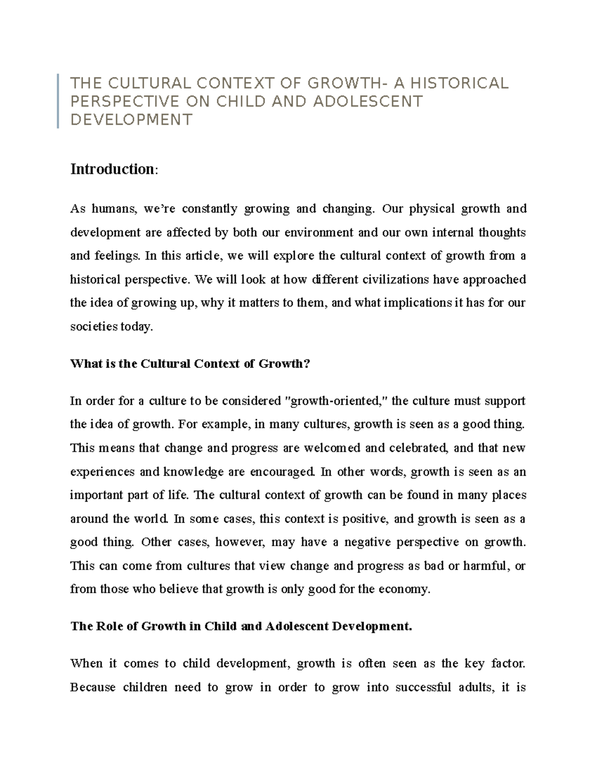 THE Cultural Context OF Growth- A Historical Perspective ON Child AND ...