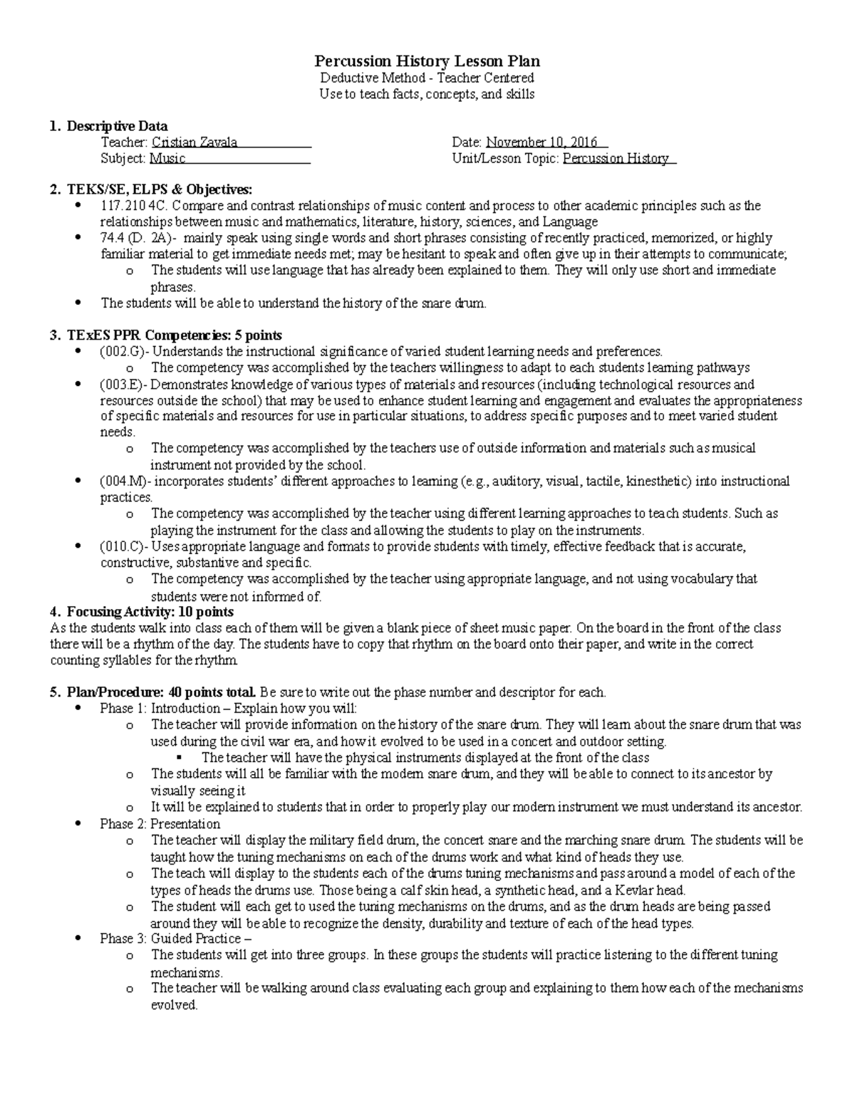 Percussion Lesson PLAN - Percussion History Lesson Plan Deductive ...