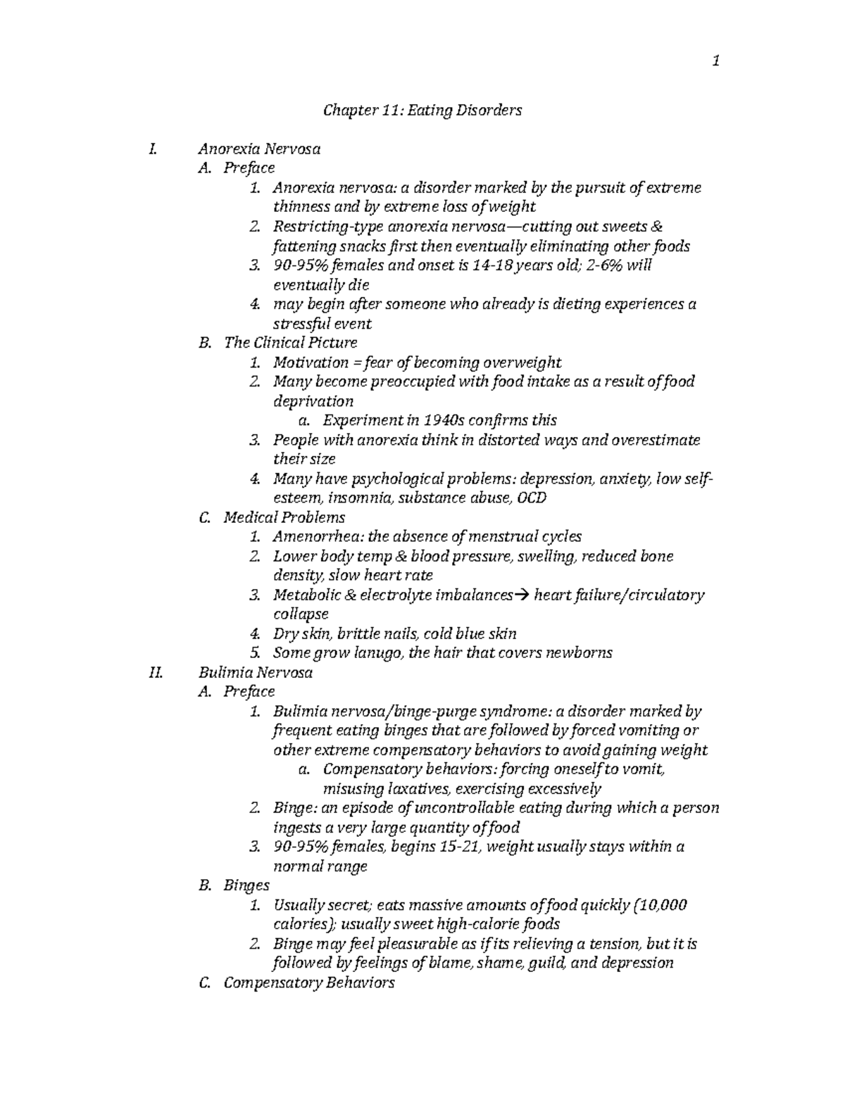 Chapter 11 - 1 Chapter 11: Eating Disorders I. II. Anorexia Nervosa A ...