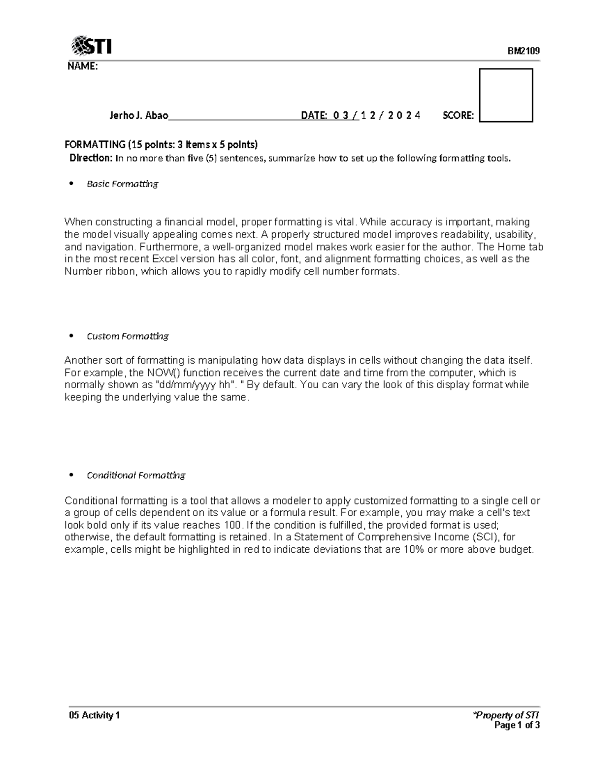 Abao 05 Activity 1 FM - Assignment - BM 05 Activity 1 *Property of STI ...