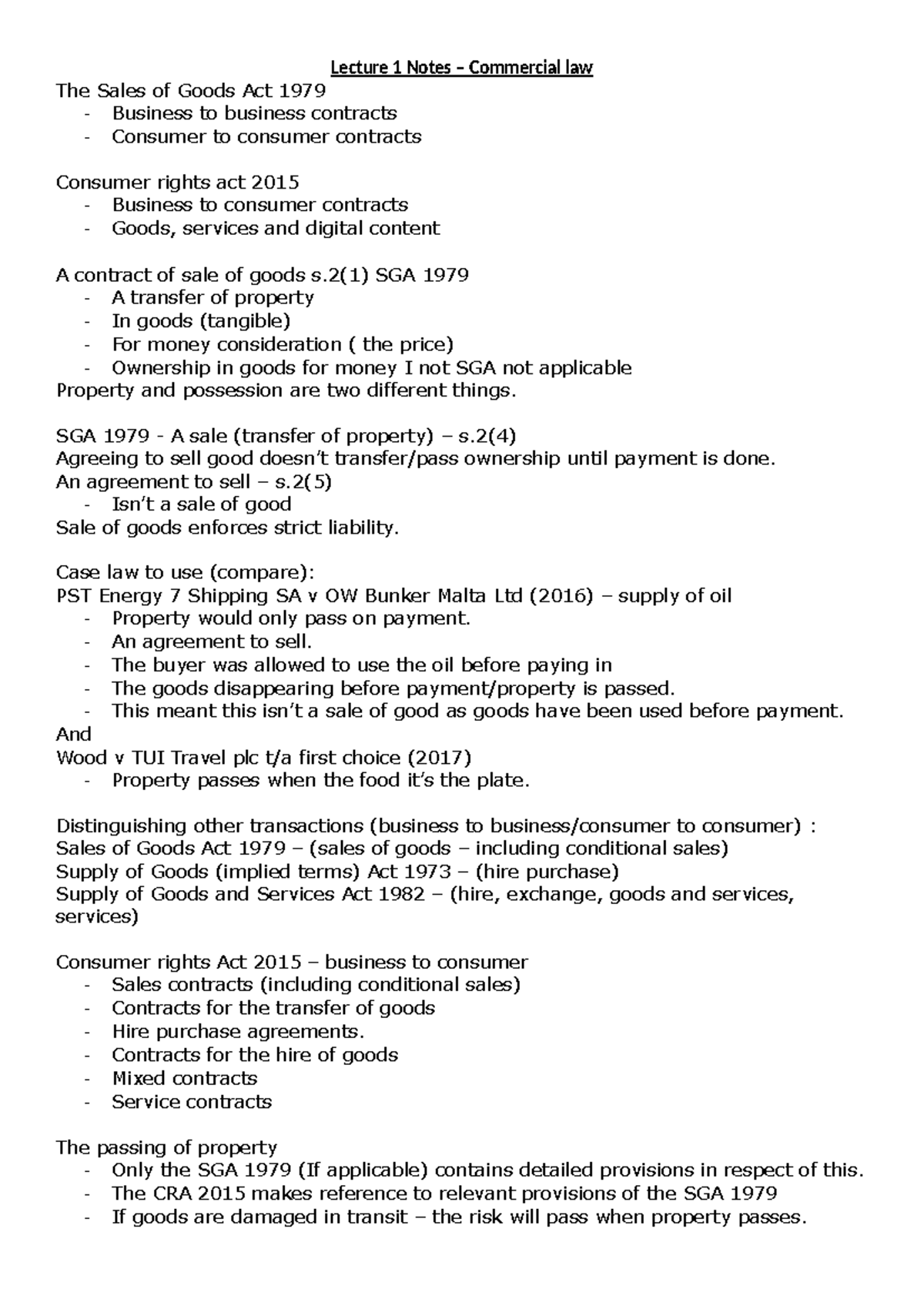 Lecture 1 Notes - commerical law - Lecture 1 Notes – Commercial law The ...