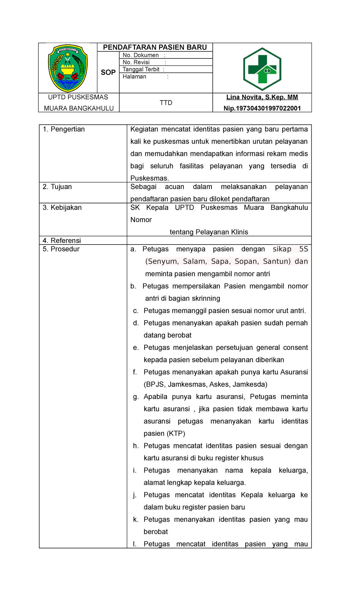 3.1.1.b SOP Pendaftaran Pasien BARU - PENDAFTARAN PASIEN BARU SOP No ...