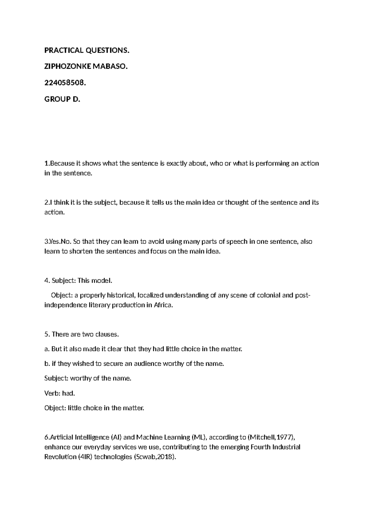 Practical Questions - USEFUL - PRACTICAL QUESTIONS. ZIPHOZONKE MABASO ...