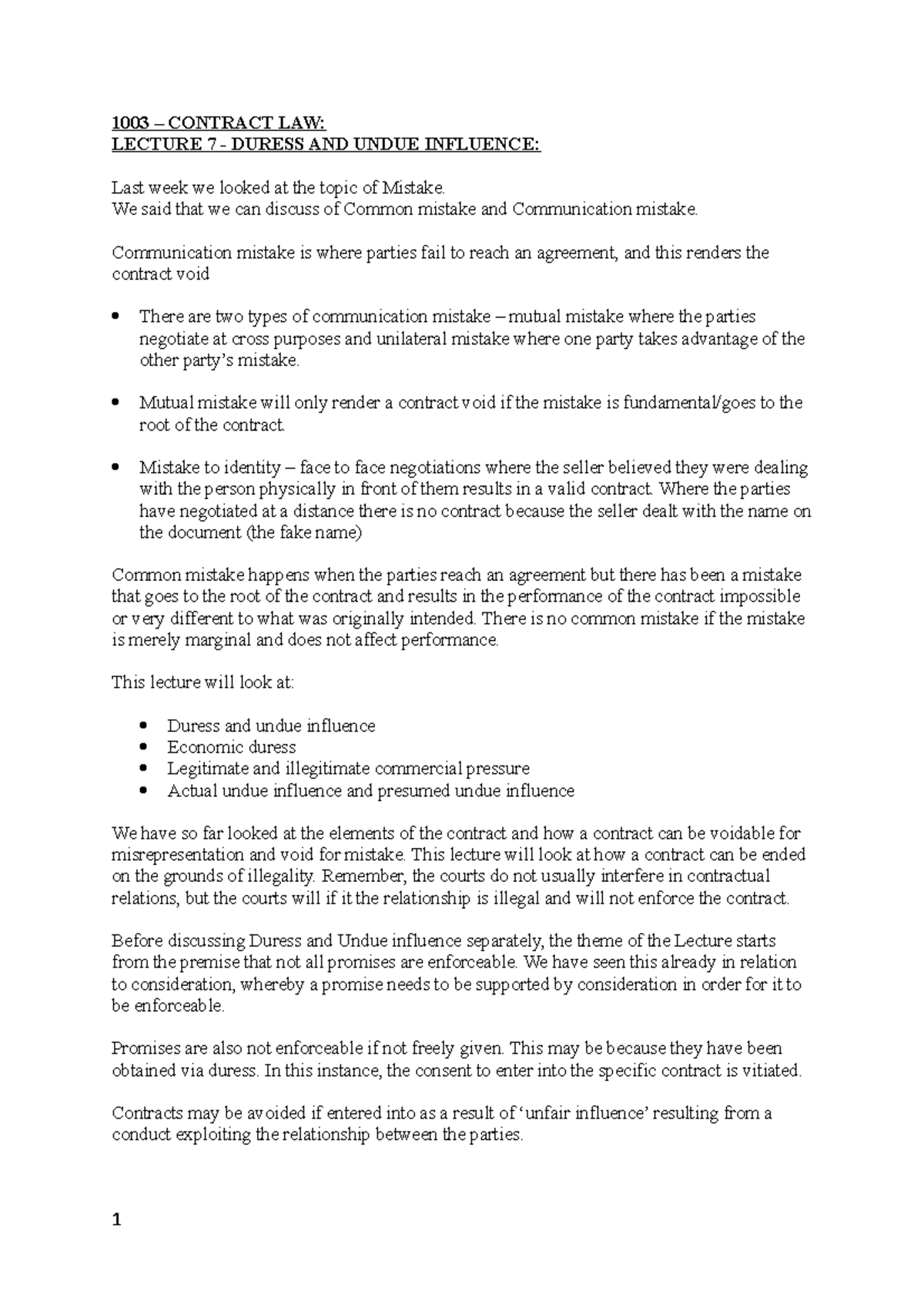 Lecture 7 Duress and Undue Influence 1003 CONTRACT LAW LECTURE 7
