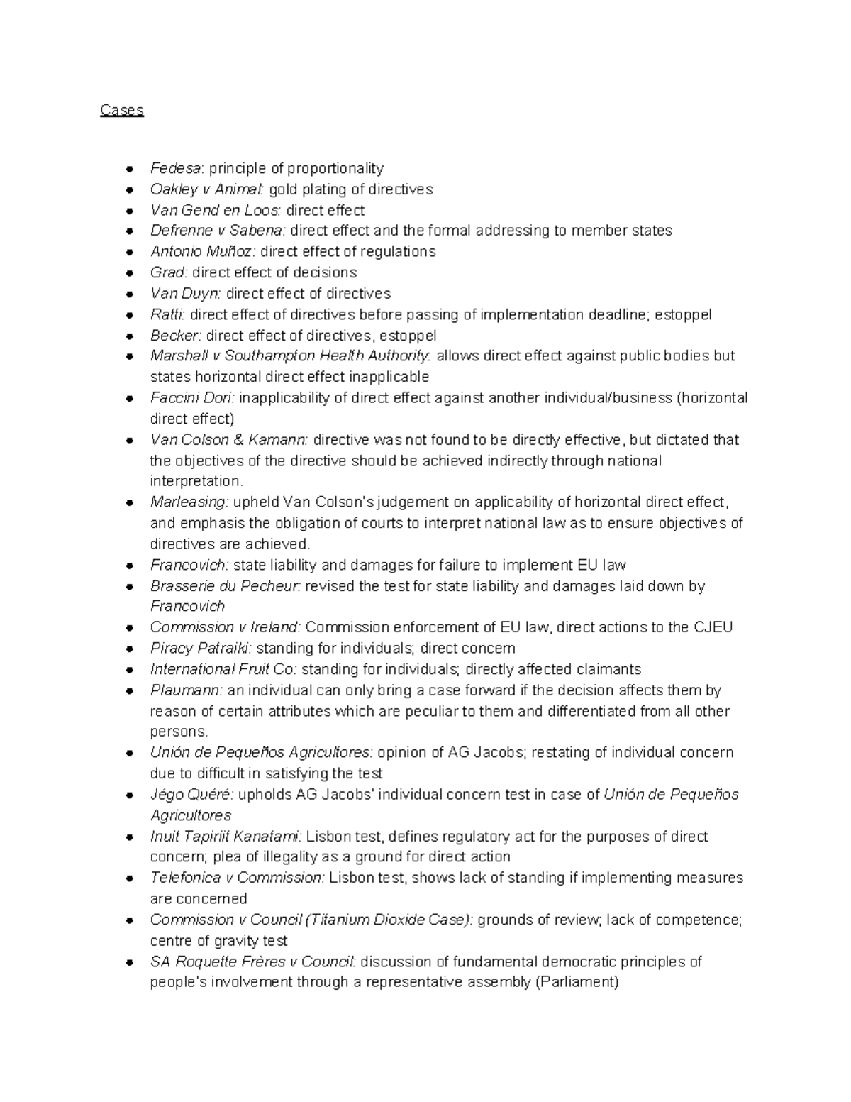 EU Case and Statute List2 Cases Fedesa principle of