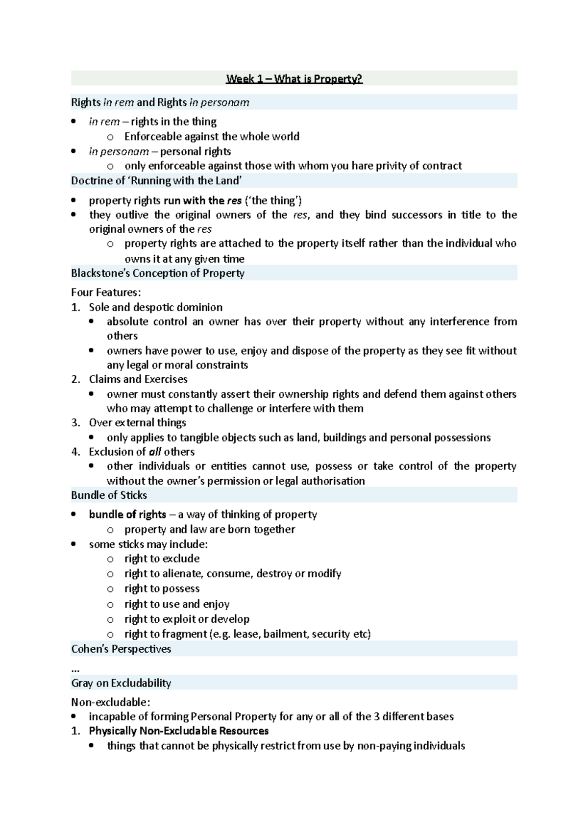 Mid Sem Exam Notes Week 1 What is Property? Rights in rem and