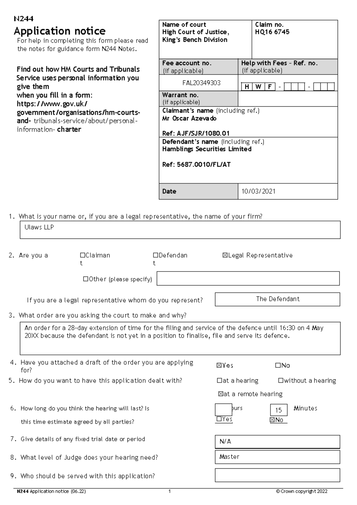 Ws5 N244 - N Application Notice For Help In Completing This Form Please 