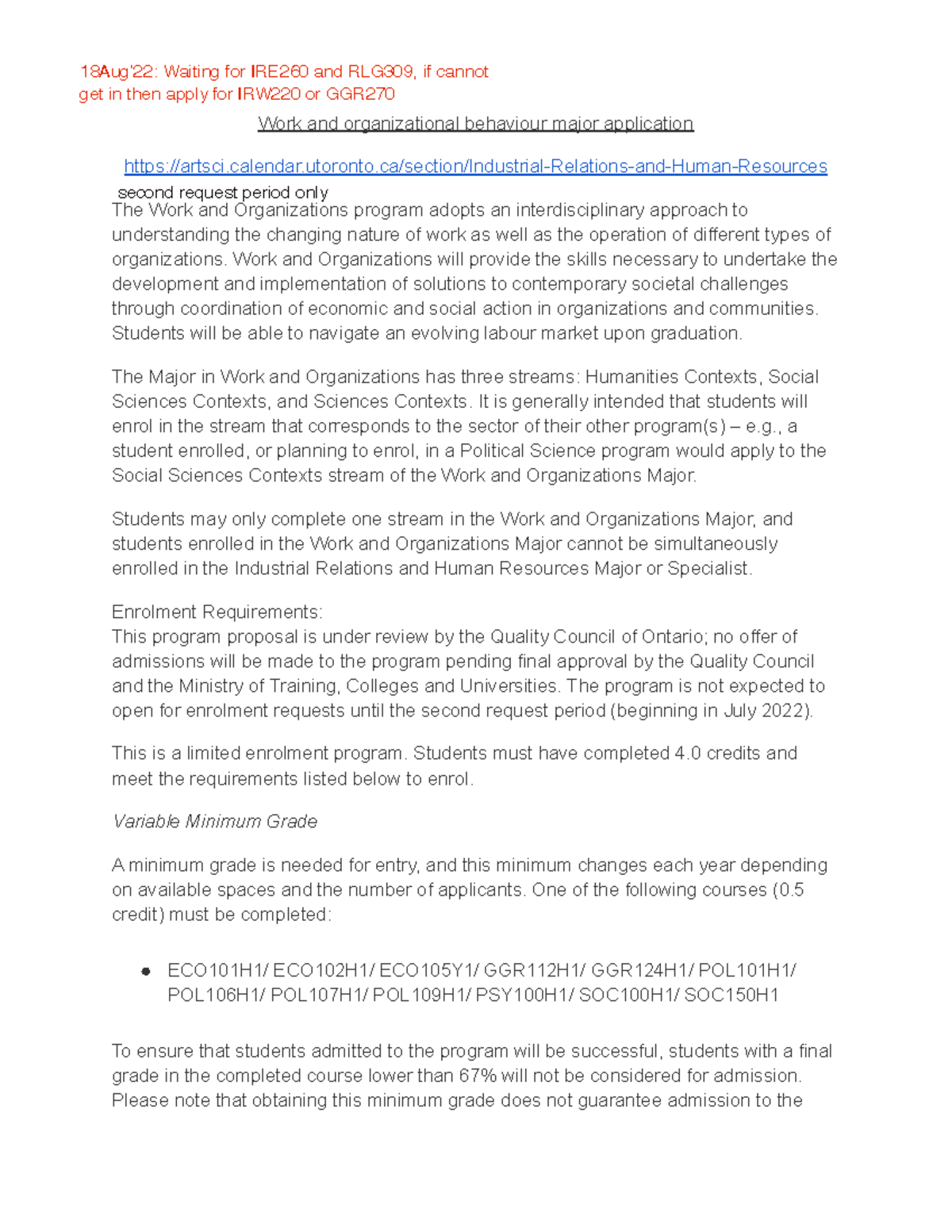 Work and occupations major requirements Work and organizational