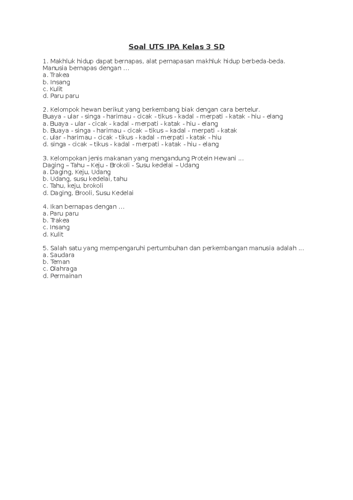 Kisi kisi soal uts ipa kelas 3 sd semester 1