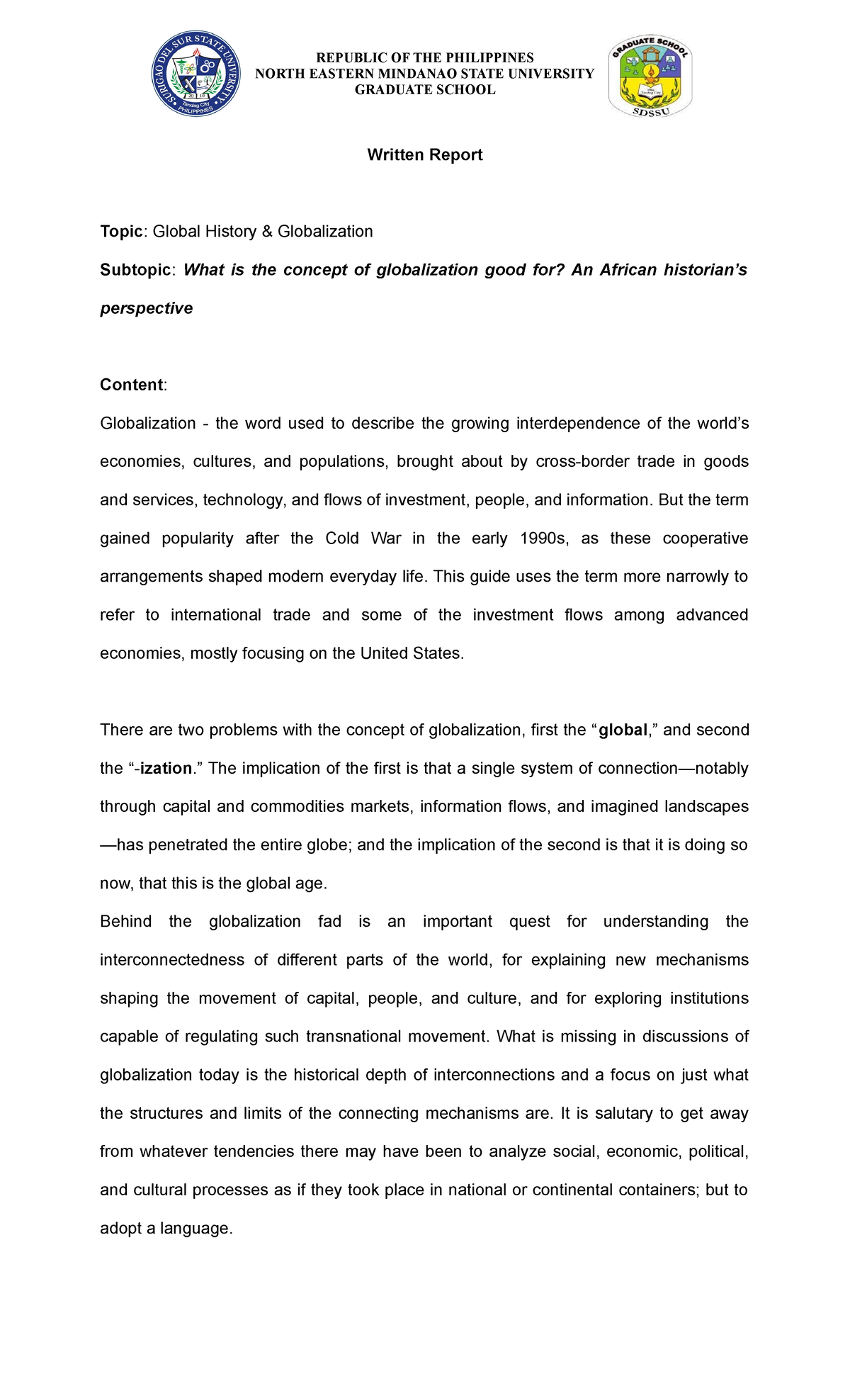 Written report - GRADUATE SCHOOL Written Report Topic: Global History ...