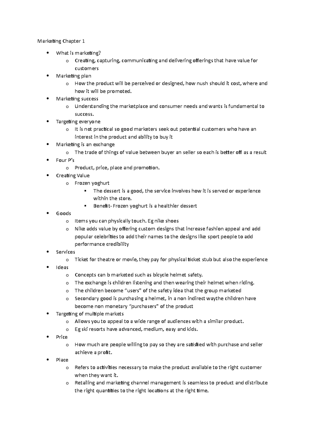 Marketing Chapter 1 - Marketing success o Understanding the marketplace ...