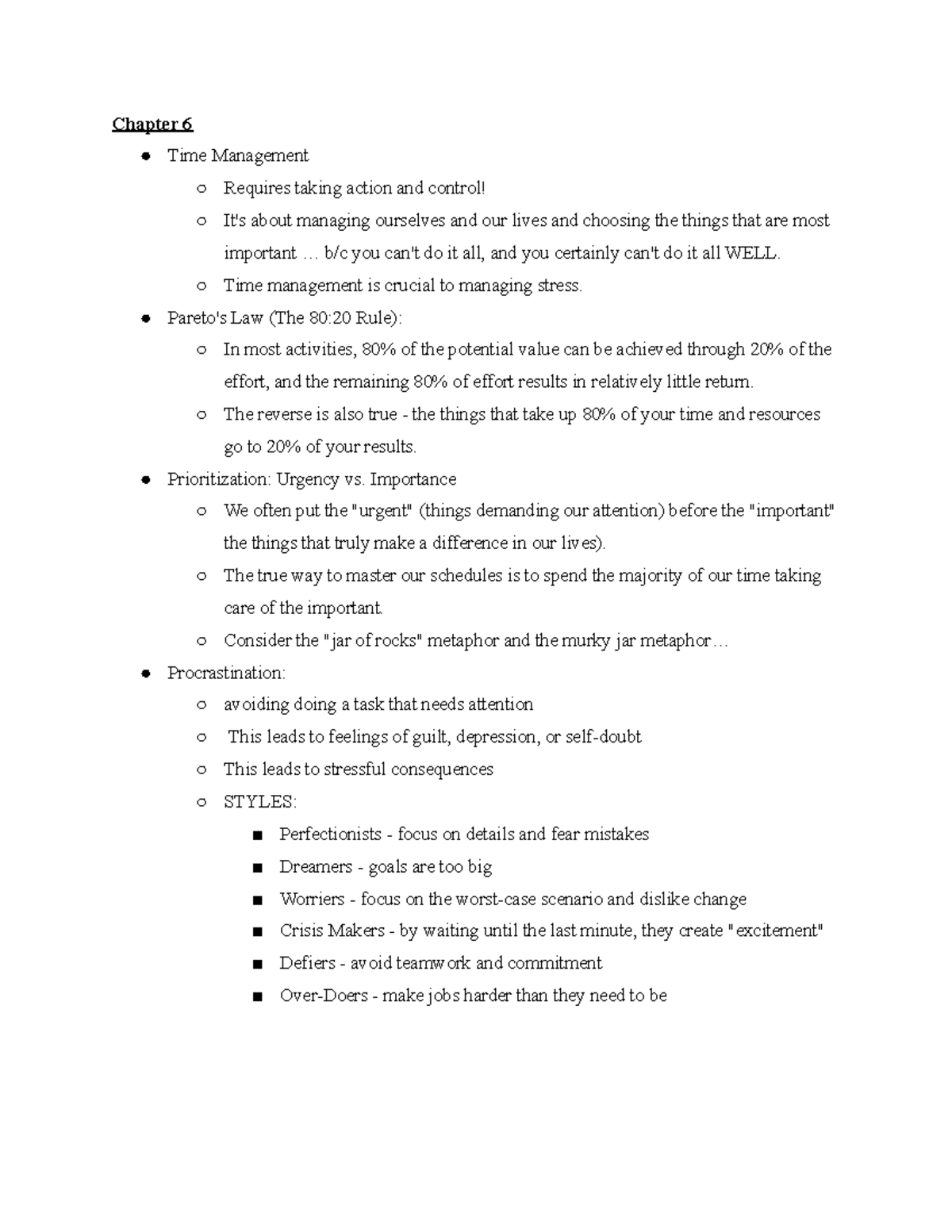 Stress Management notes Chapter 6 Time Management - Chapter 6 Time ...