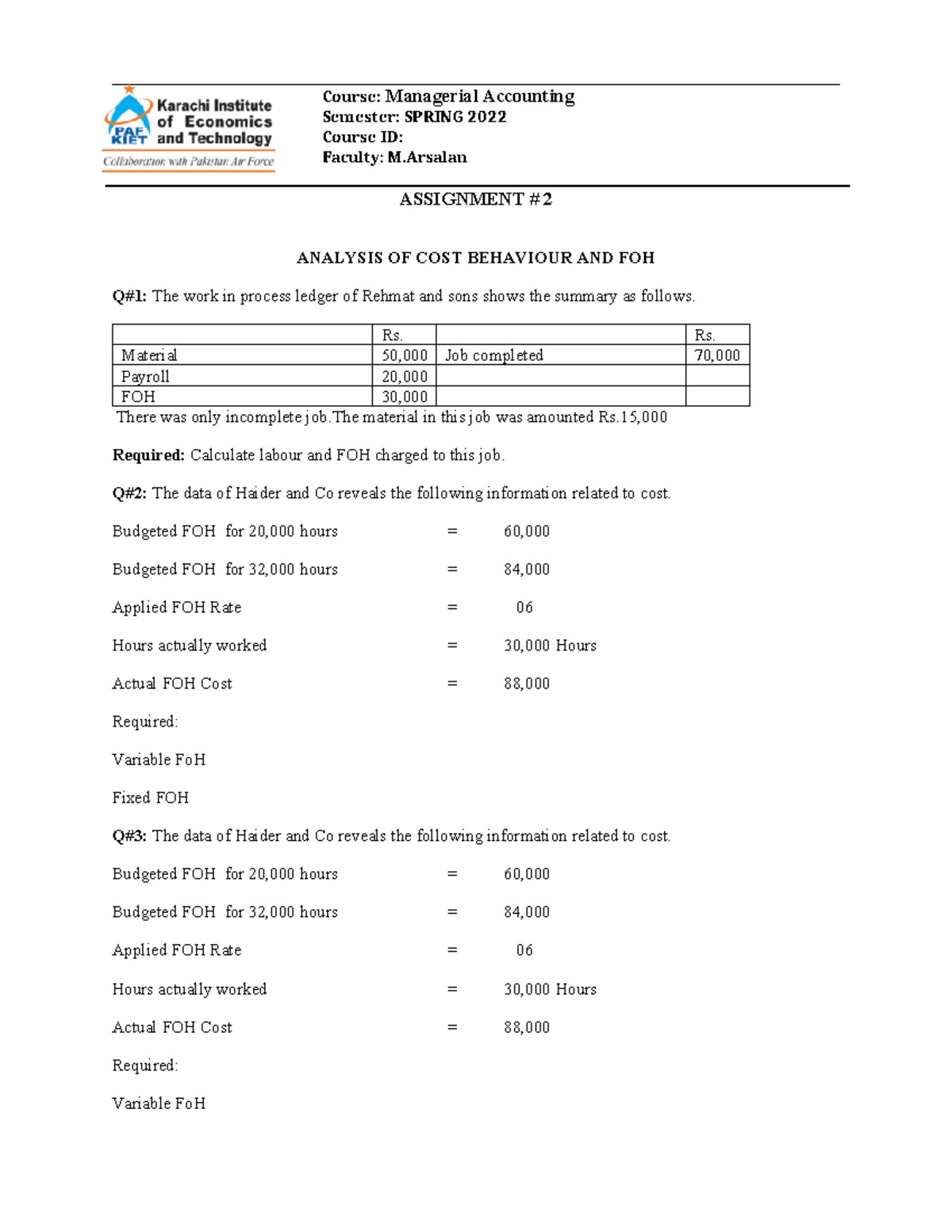 Assignment # 2 - Not required - Course: Managerial Accounting Semester ...