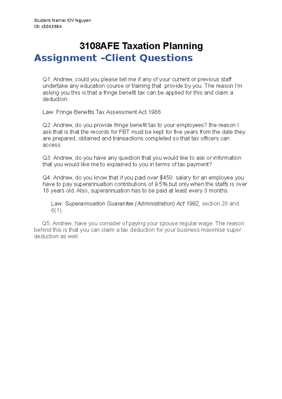 Template Client Question.020320 - Student Name: Chi Nguyen ID: s ...