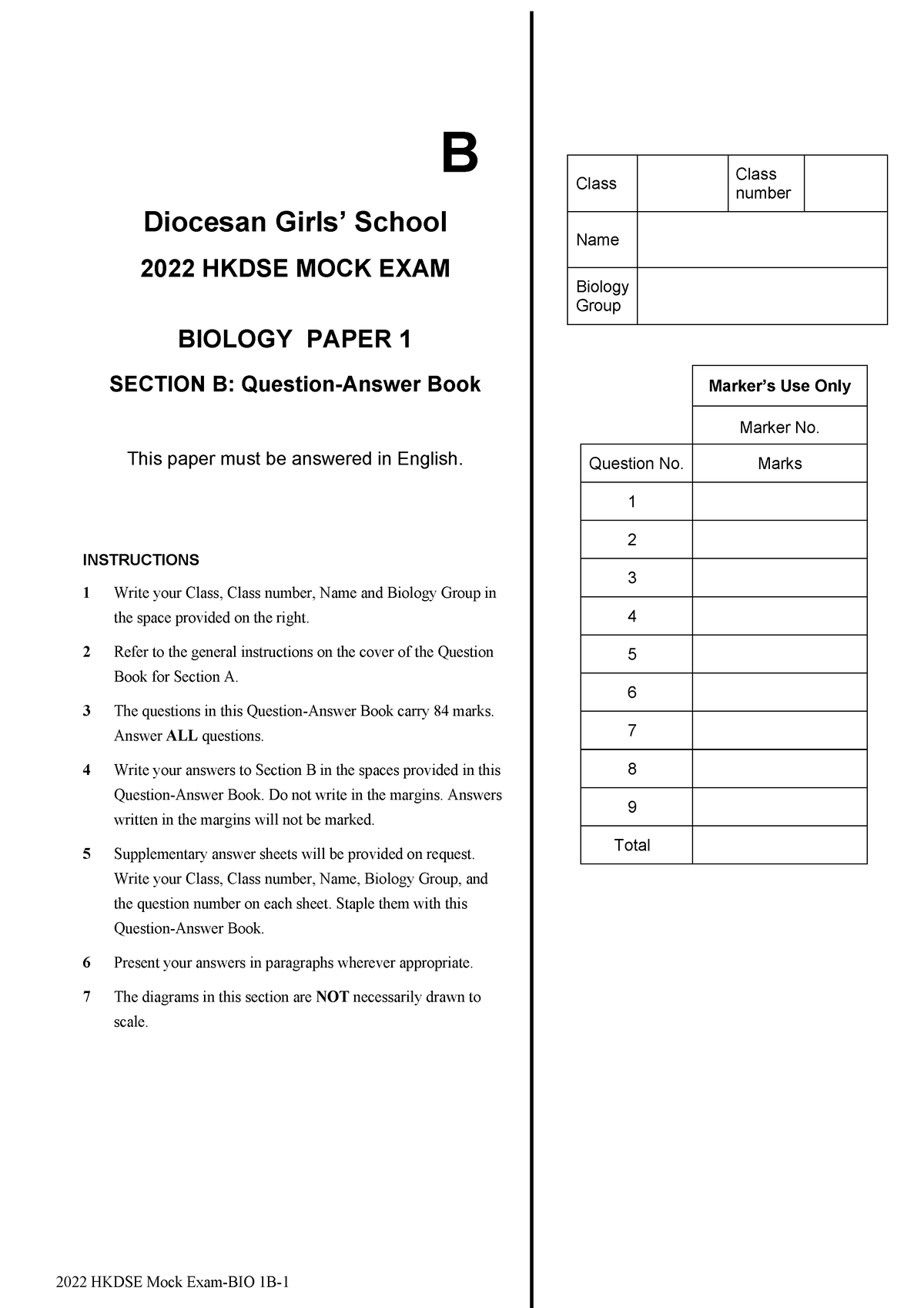 DGS S6 2122 Paper 1b - Bio Mock - Class Classnumber Name Biology Group ...